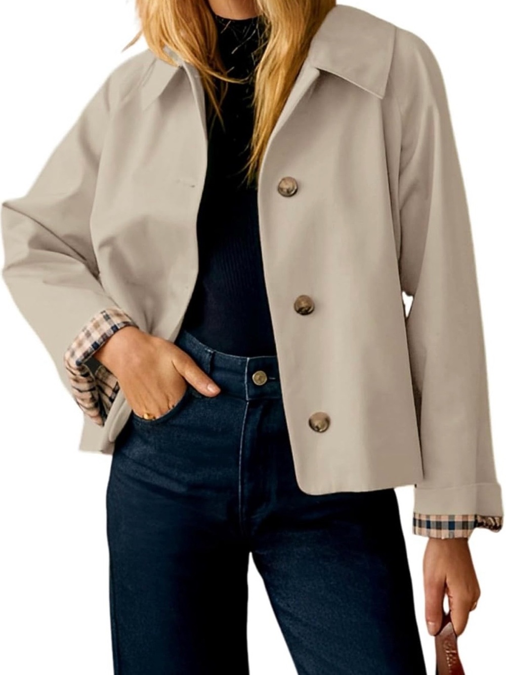 Women's Beige Cropped Trench Coat with Plaid Lining